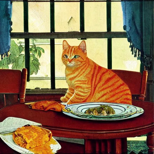 Prompt: fat orange tabby cat eating lasagna on a table, afternoon, norman rockwell, neighborhood outside window