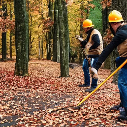 Prompt: men with leaf blowers fighting the falling leaves in a forest