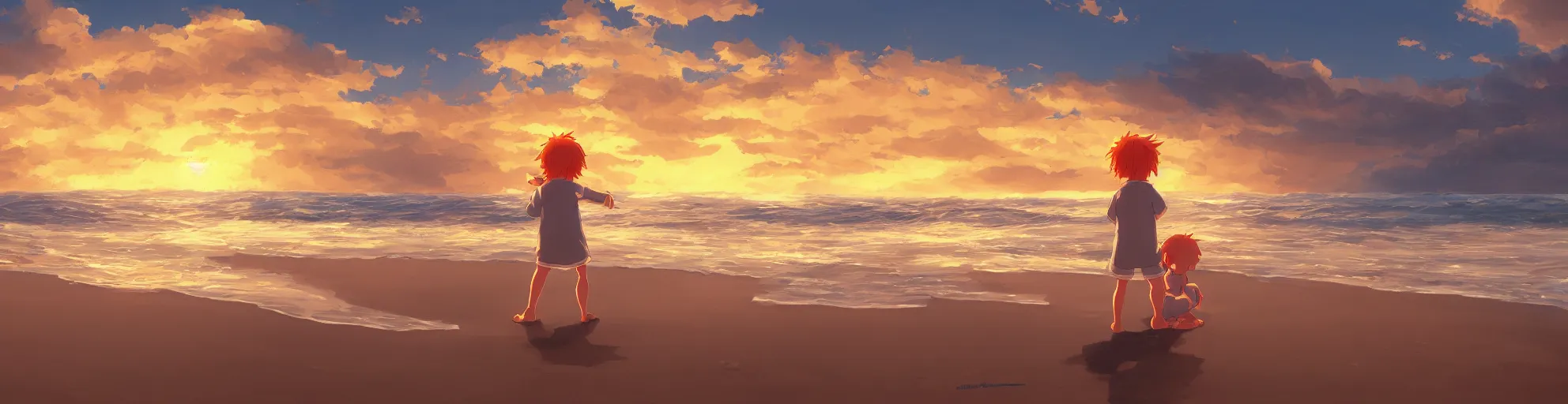 Image similar to beautiful, detailed digital painting of a orange-haired child playing on the beach and looking at the sunset, anime by Makoto Shinkai, sand, waves, trending on artstation