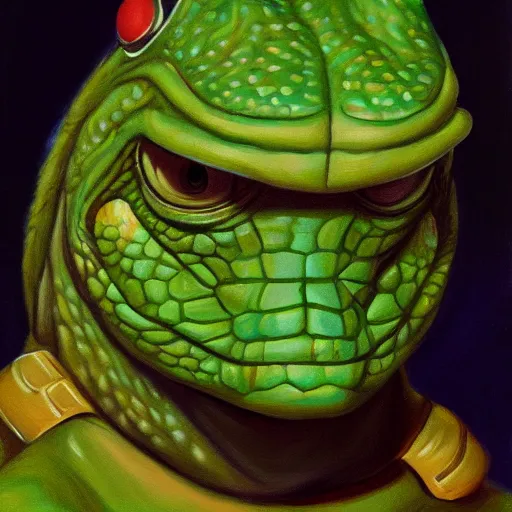 Prompt: oil painting portrait of a lizard person, a gorn from star trek