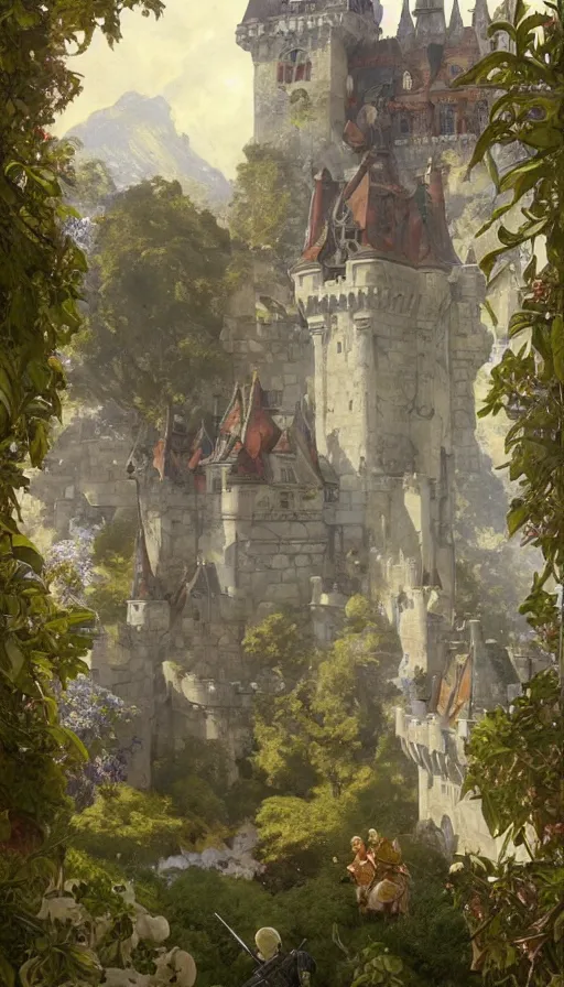 Image similar to castle being sieged by huge army, design on white background, beautiful details, lush foliage, drawn by karl kopinski, john singer sargent, tom bagshaw, norman rockwell, alphonso mucha, lolish, trending on artstation