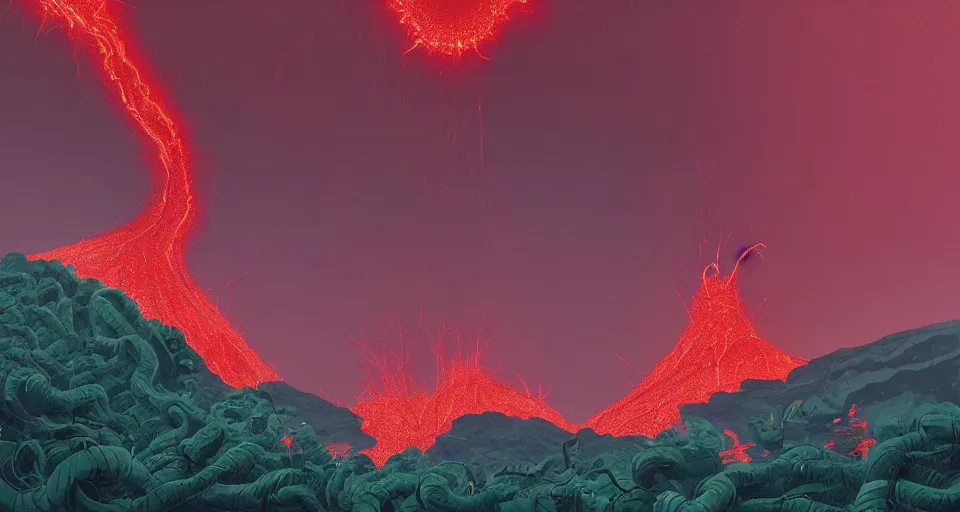Image similar to a volcano made of ivory vines and crimson rocks enters in eruption, it spits a smoke in the shape of demonic eye, by simon stalenhag
