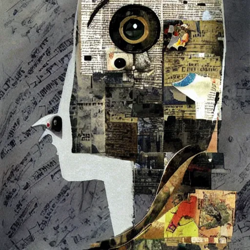 Image similar to a robot with a memory that survives the reset of the world, and a small robot bird on her shoulder, collage artwork by dave mckean and yoshitaka amano