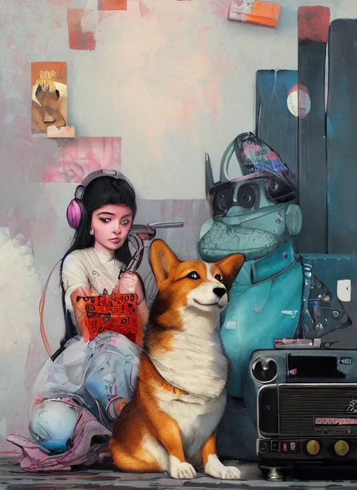 Prompt: beautiful fantasy painting of a Hiphop Lofi teenage queen and corgi chilling to music, by Kenne Gregoire, James Jean, Tran Nguyen, WLOP, Jakub Rebelka. trending on Artstation, 8k, masterpiece, face enhance, graffiti paint, fine detail, full of color, intricate detail, golden ratio illustration