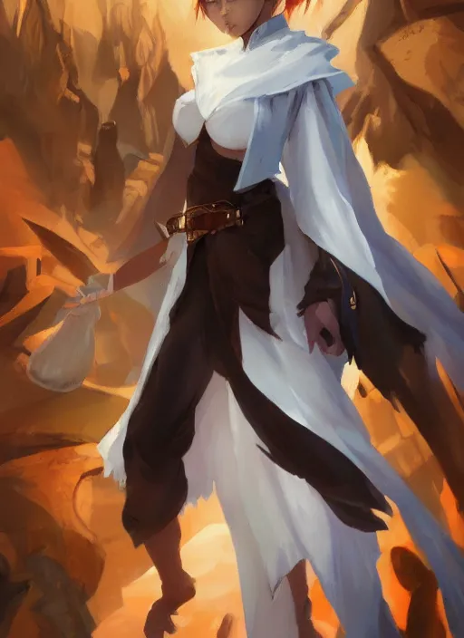 Image similar to concept art painting of a woman with brown skin and short white hair, demon horns, elf ears, full clothing, blue clothes, robes, detailed, cel shaded, in the style of ruan jia and artgerm and makoto shinkai and james gurney