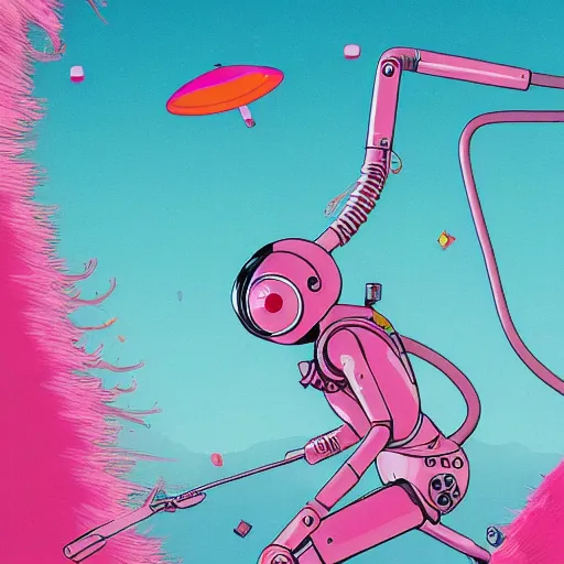 Image similar to a woman named yoshimi battles the pink robots, illustrated, detailed, 4 k