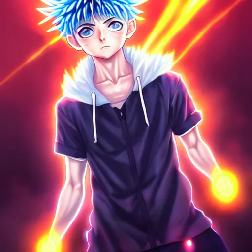 Image similar to killua zoldyck in rossdraws art, with thunderstorms, 8 k, bright colors, detailed face, details, sharp smooth, aykut aydogdu