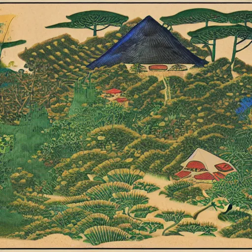 Image similar to 3d isometric botanical illustration of a small settlement in the tropical forest on the mountainside, diego rivera in Ukiyo-e style, HD