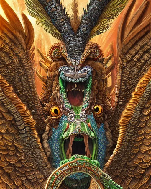 Prompt: digital painting of quetzalcoatl, mayan feathered serpent god, by filipe pagliuso and justin gerard, fantasy, highly detailed, realistic, intricate, portrait, sharp focus, tarot card