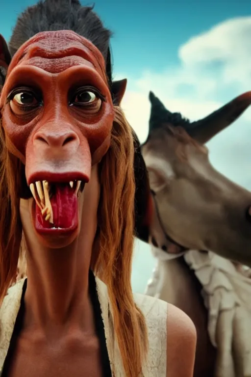 Image similar to film still of jar jar binks as a female cowgirl, long eyeslashes, big juicy lips, big seductive eyes, dramatic cinematic lighting, dolce & gabbana campaign, shot by mario testino, realistic vfx simulation, 4 k