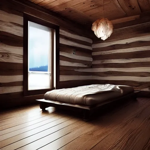 Prompt: Cozy bedroom aboard a flying ship twilight stars soft bed blankets wood paneling hyperrealism