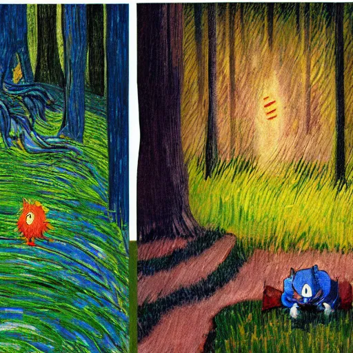 Image similar to sad painting of detailed realistic sonic the hedgehog in the woods at night, in the style of studio ghibli and moebius and claude monet and edward hopper and vincent van gogh