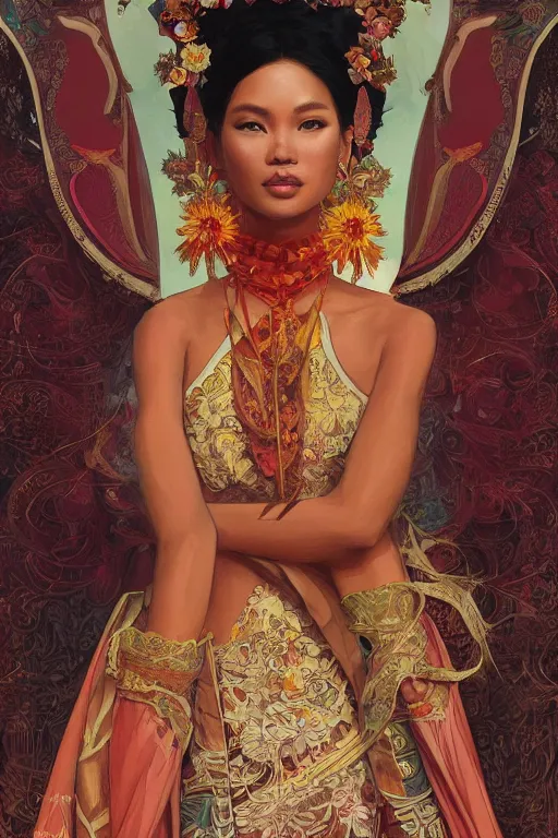 Image similar to portrait of a beautiful indonesian supermodels wearing traditional costume, highly detailed, digital painting, artstation, concept art, sharp focus, illustration, art by kittichai rueangchaichan and james gurney and alphonse mucha