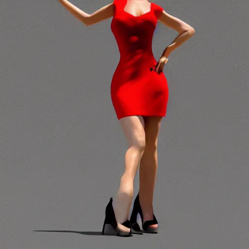 Image similar to woman, red short dress, black hair, by milo manara, 3 d render, red high heels, face, house, illustration, high - poly