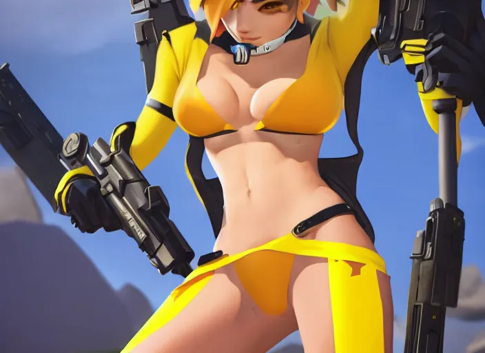 Image similar to tracer game character, in yellow bikini, blonde hair, black eyes, full height