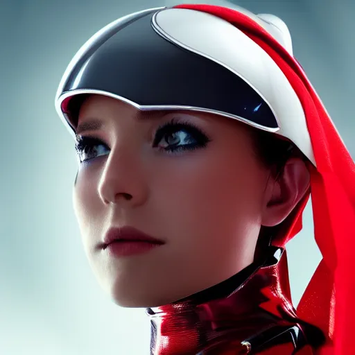 Image similar to headshot of an beautiful female soldier in futuristic intricate glossy sleek white armor with tiny red details and a long red cape, downward angle, determined expression, no helmet, on the surface of mars, night time, cinematic, sci-fi, hyperrealistic