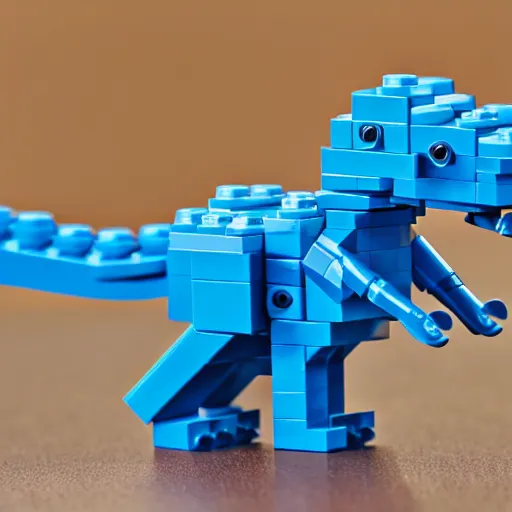 Image similar to lego mini build of a blue dancing dinosaur, product photography, depth of field