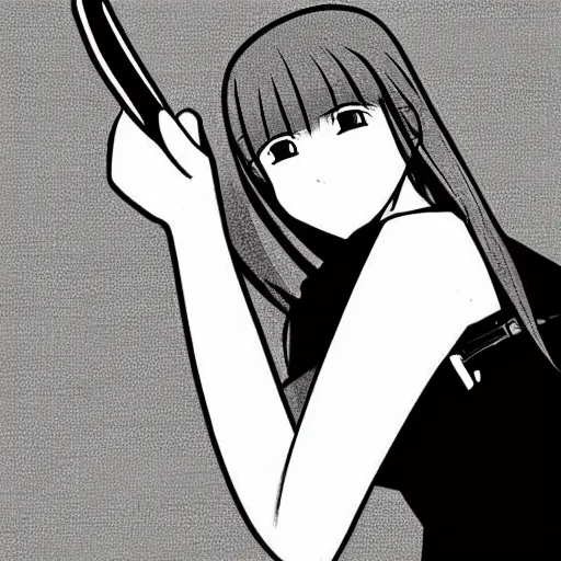 Image similar to “Detailed manga art of a beautiful Japanese girl holding a knife; loving expression; school uniform; high contrast; clean, sharp”