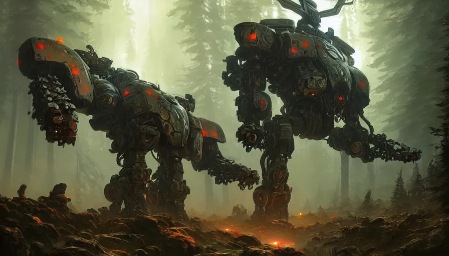 Prompt: military mech covered in armor with elden ring aesthetic, glowing lights, beautiful forests and trees, intricate detail, epic wallpaper, art by darek zabrocki and John Park and Feng Zhu and Jason Chan, trending on artstation, masterpiece.