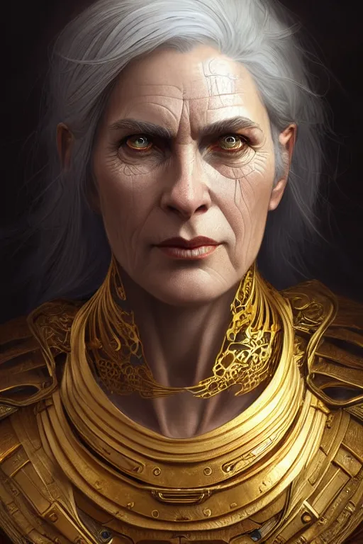 Image similar to portrait of a middle aged grey haired woman in the style of god of war, golden machine parts, intricate, elegant, highly detailed, digital painting, artstation, concept art, smooth, sharp focus, illustration, art by artgerm and greg rutkowski and alphonse mucha, 8 k