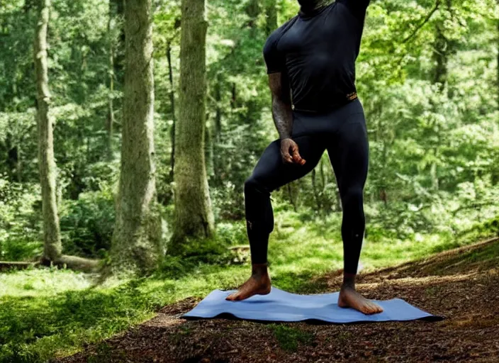 Prompt: lebron james doing yoga in the forest, film still in the new batman movie, 4 k