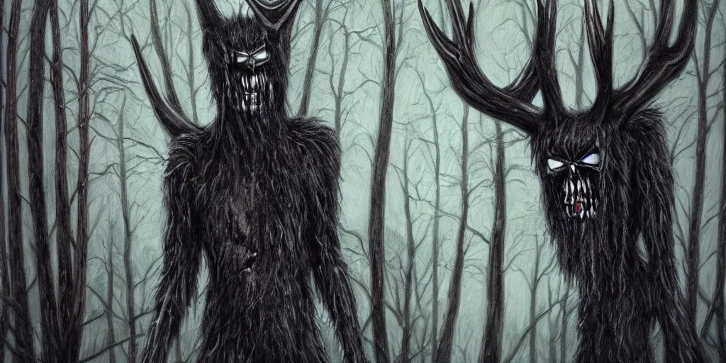 Prompt: wendigo in the woods painting dark creepy