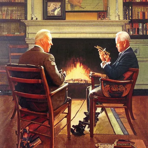 Image similar to eye level realistic portrait painting by Norman Rockwell of Joe Biden sitting in a chair. Cozy fire. Legs apart