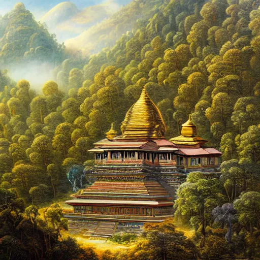 Image similar to a beautiful and highly detailed oil painting of an nepali temple in the kathmandu valley, detailed trees and cliffs, forgotten valley, swirling mist, lush forests, intricate details, epic scale, insanely complex, 8 k, sharp focus, hyper realism, fantasy landscape, psychedelic, by caspar friedrich,