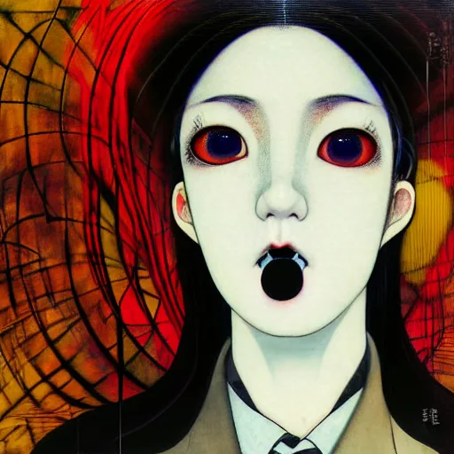 Image similar to yoshitaka amano blurred and dreamy realistic three quarter angle portrait of a young woman with black lipstick and black eyes wearing dress suit with tie, junji ito abstract patterns in the background, satoshi kon anime, noisy film grain effect, highly detailed, renaissance oil painting, weird portrait angle, blurred lost edges