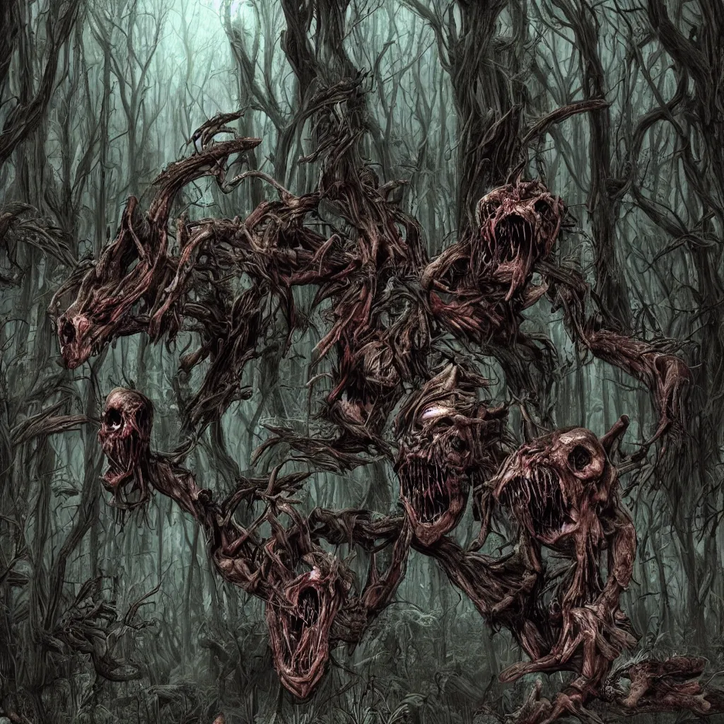 Prompt: dark forest, horrifying creatures, necromorph, horror