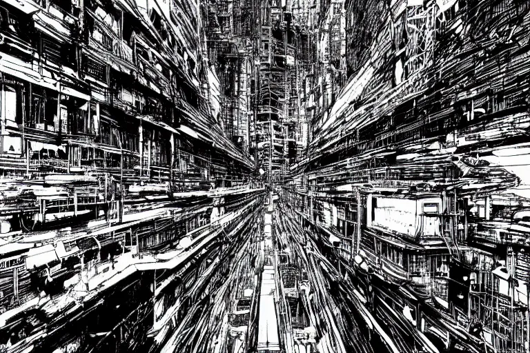 Image similar to vast technological world, gigantic megastructure, haphazard architecture, largely devoid of life, by Tsutomu Nihei