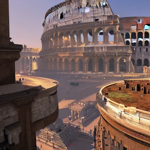 Image similar to busy d & d city that has a colosseum in its center, first person perspective, artstation