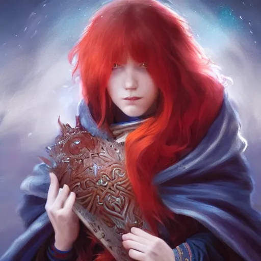 Prompt: red haired teen with a lute and cloak with many pockets with blue flames in background, dramatic, intricate, elegant, highly detailed, digital painting, artstation, concept art, smooth, sharp focus, illustration, octane render, art by Leesha Hannigan, Ross Tran, Thierry Doizon, Kai Carpenter, Ignacio Fernández Ríos