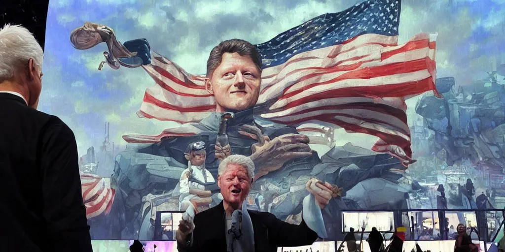 Prompt: bill clinton showing pictures of america's new loyalty marketing program on a massive screen at a comic con stage, orwellian, elegant, highly detailed, digital painting, artstation, concept art, dystopian, sharp focus, brutalist illustration, art by artgerm and greg rutkowski and alphonse mucha, 8 k