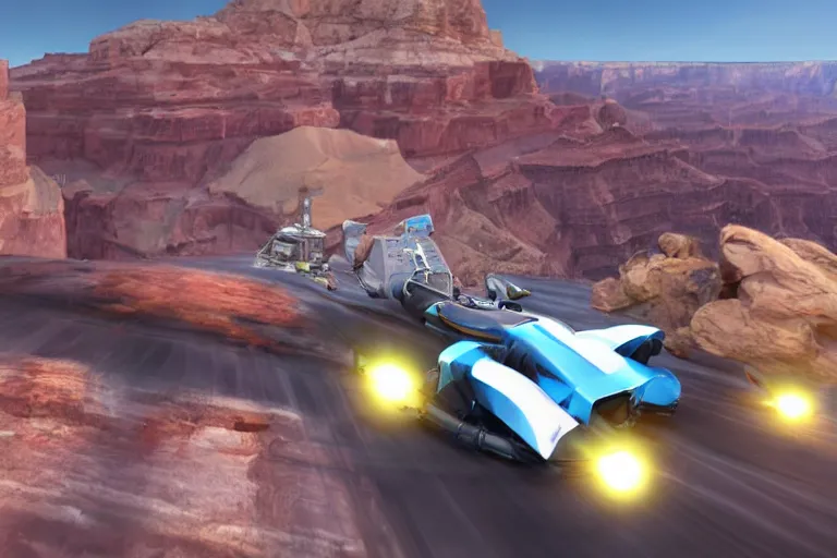 Image similar to spacecraft speed race road into the mountain rocks like grand canyon. Illustration by Blizzard and Ubisoft