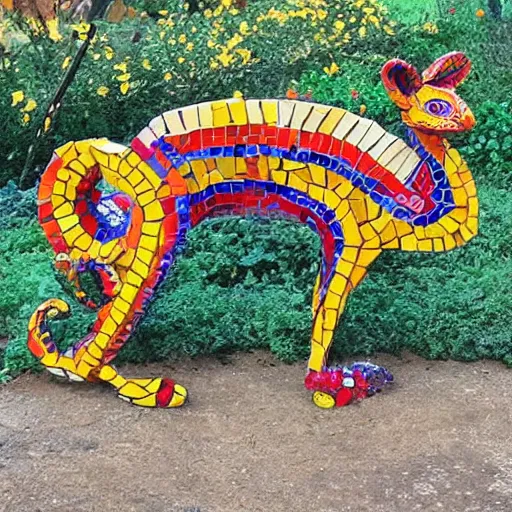 Prompt: mosaic sculpture of a alebrije chimera!!!, irregularly shaped large mosaic tiles, recycled pottery shards, in the style of folk art, in a cottagecore flower garden