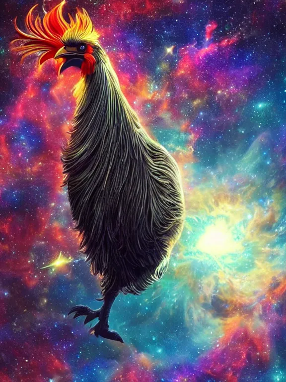 Image similar to a lone giant majestic rooster, centered, floating in space, center of the universe, \ galaxy cosmic nebula, epic, volumetric light, hyperrealistic, glitter, mega detailed, beautiful composition, beautiful lighting, unreal render, 4 k, vincent di fate, john berkey, michael whelan