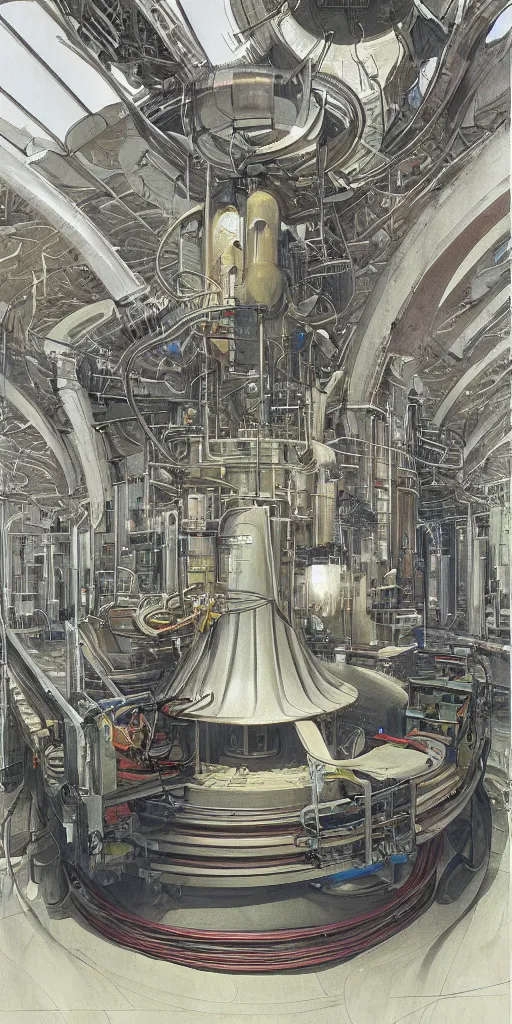 Prompt: Artwork by John Howe of the cinematic view of Helical Propellant Chamber Compression Warehouse.