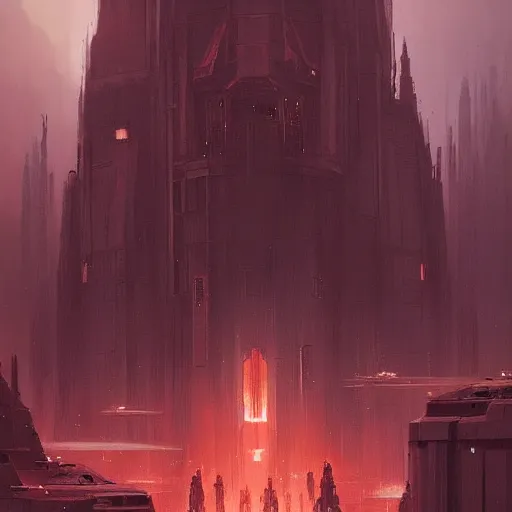 Image similar to star wars concept art by greg rutkowski, an ecomenopolis of palatial, elegant, neo - gothic architecture, dark, reddish cinematic lighting, haunting atmosphere, artstation hq.