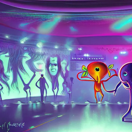 Image similar to nightclub with aliens dancing, highly detailed, artstation, digital painting