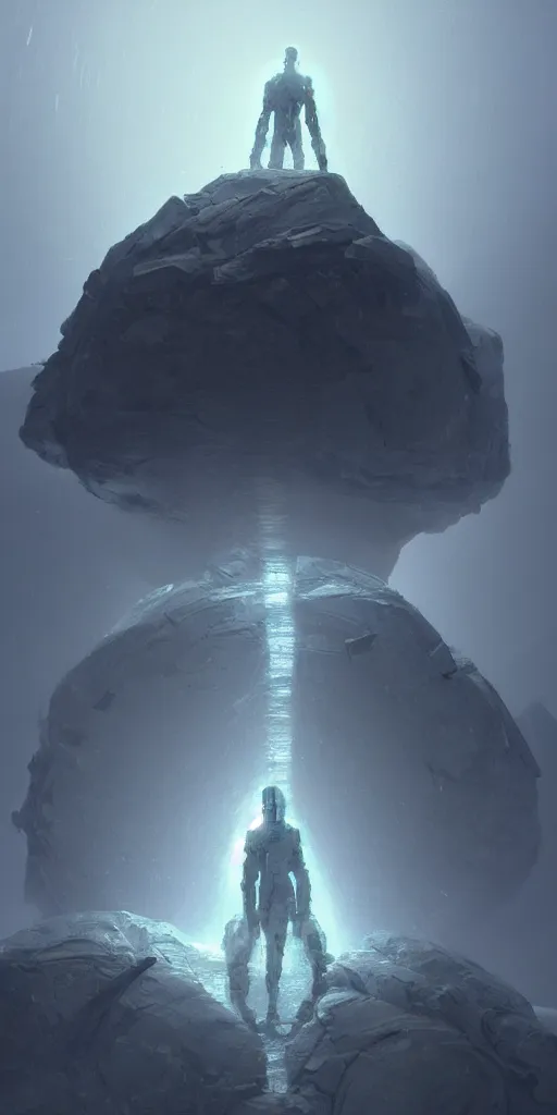 Image similar to concept art of a cybernetic life form, based on silica crystal on a rock background, surrounded by spirals of fog, grimy, gritty, trending on artstation, award winning painting, close portrait, cgi, art by alex andreev and andreas achenbach