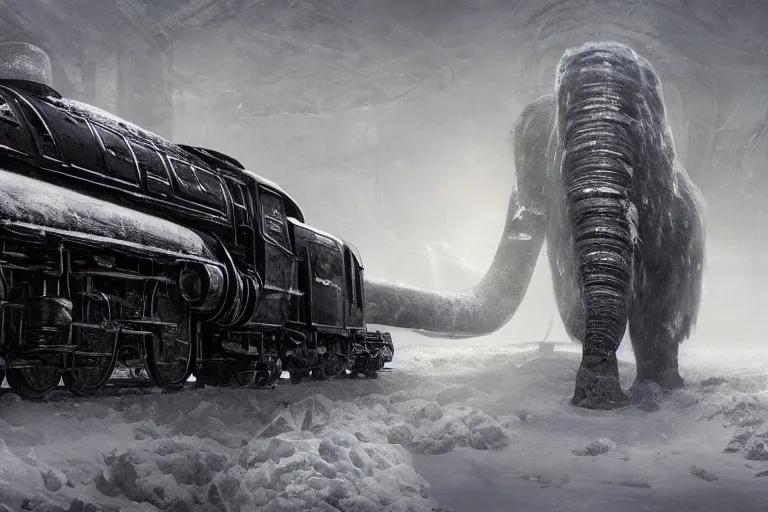 Image similar to a grand intricate futuristic black steam train next to a giant mammoth, post - apocalyptic ice landscape in snowstorm, concept art, artstation, highly detailed, digital art