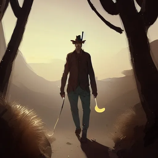 Image similar to a young man with gray hair,a stylish beard,walking through a desert with a glowing stick,digital art,art by greg rutkowski,trevor henderson,rossdraws,character design,concept art,western comic style,sharp lines,photorealiatic,hyperdetailed,detailed face,high quality,professional lighting,glowing