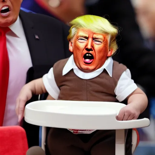 Image similar to crying donald trump in a highchair with pudding on face, gettyimages,