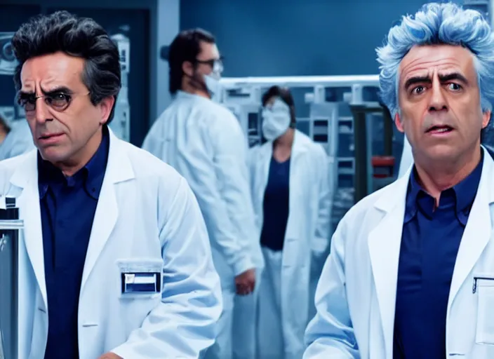 Prompt: film still of rick sanchez lab coat blue shirt in the new scifi movie 4 k