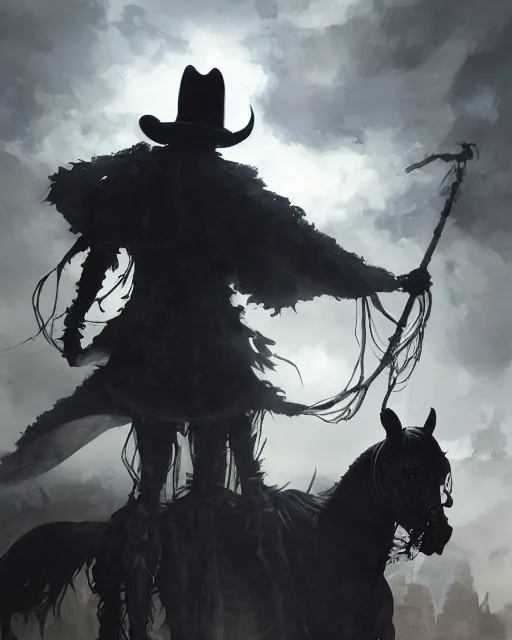 Prompt: ghostly tall skeletal cowboy in black outfit, wreathed in dark smoke, menacing scenic full shot, ambient lighting, detailed face, by makoto shinkai, rembrandt, stanley artgerm lau, wlop, rossdraws