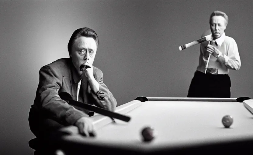 Image similar to Christopher Walken playing billiards and smoking a cigarette in the style of Annie Leibovitz, medium format digital camera, full color, soft lighting, dark, moody, shallow depth of field, highly detailed, photorealistic,