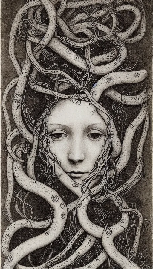 Prompt: very detailed portrait of a 2 0 years old girl surrounded by tentacles, the youg woman visage is blooming from fractal and vines, by leonardo da vinci