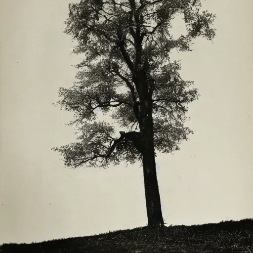 Prompt: a black and white photo of a tree on a hill, 1 9 2 0