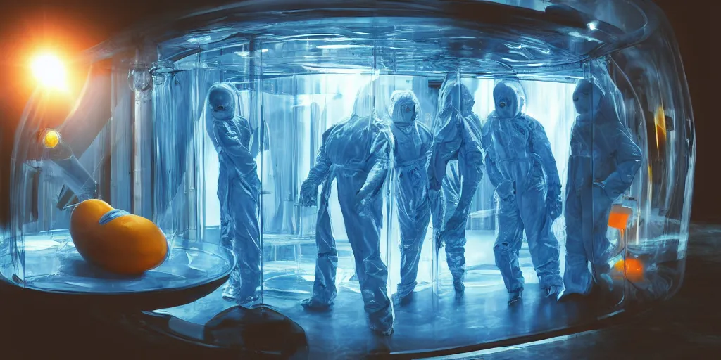 Prompt: team of sci - fi scientists in blue bio - hazard suits research alien in glass stasis capsule filled water with orange light, high detail, dark environment, scp foundation, digital art